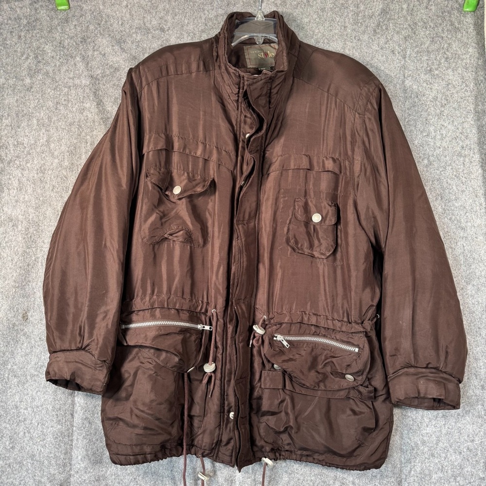 VTG New York Style Silk Utility Cargo Jacket Womens Medium Brown Military Field